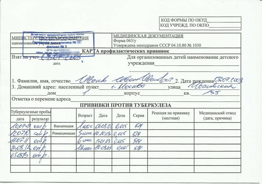 Карта профилактических прививок